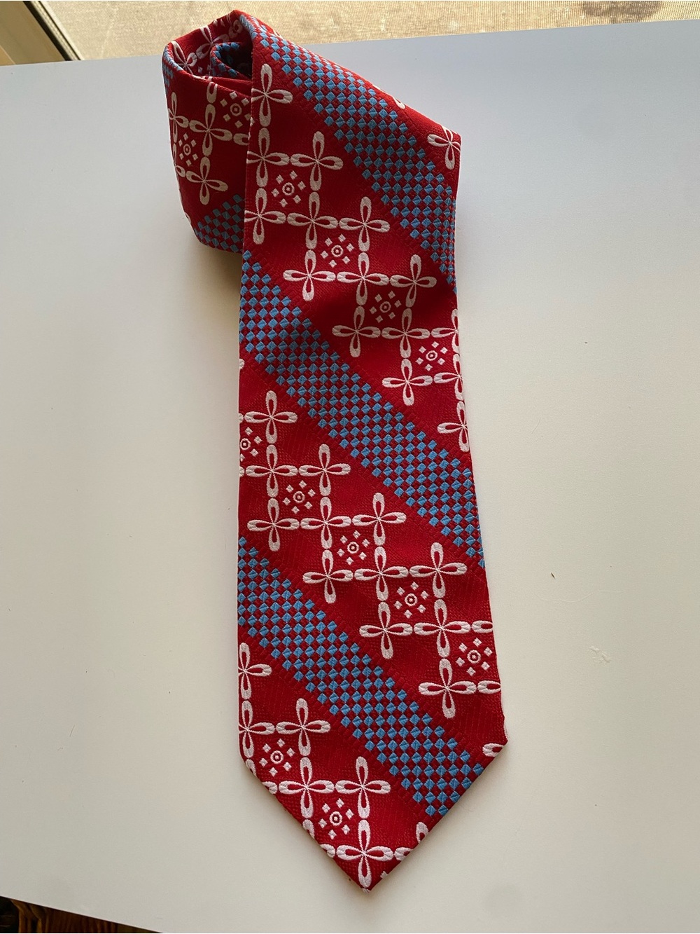 Vintage 70s Pierre Cardin Geometric Wide Tie - Foley's Red Blue White 4"